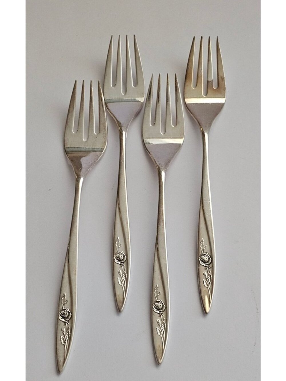4 Oneida Community Silverplate Morning Rose Salad Forks 1960 mid century modern